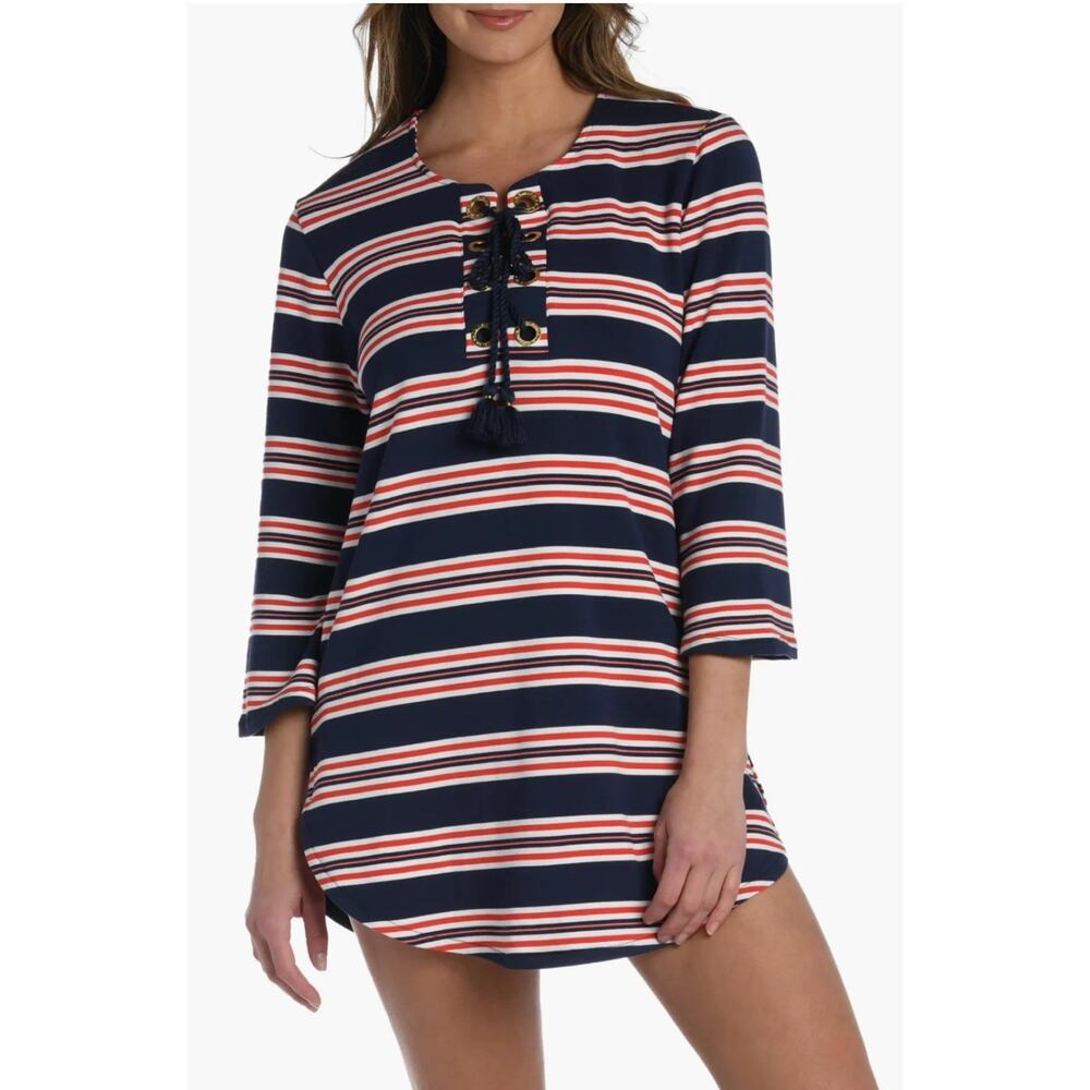 LA BLANCA Sailor Stripe Lace Up V-Neck Tunic Size Small